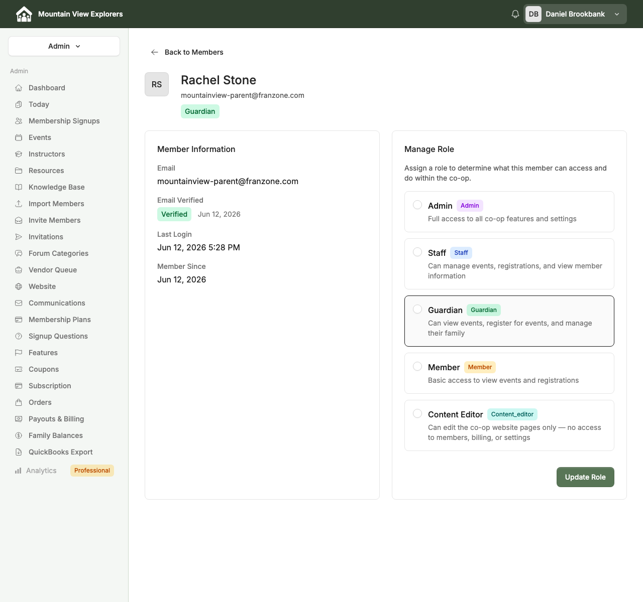 The member detail page showing the Manage Role panel with all available roles including Content Editor