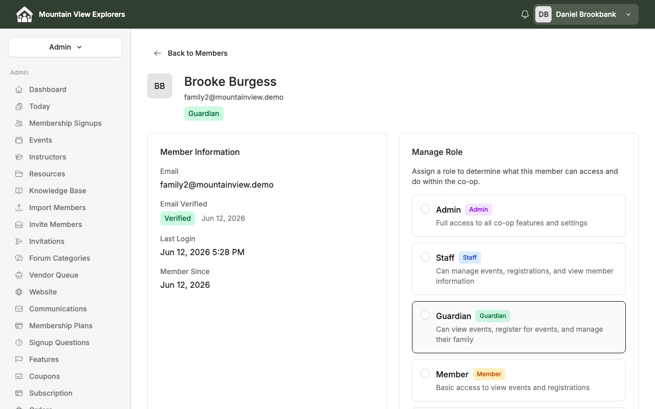 Member detail page — desktop view