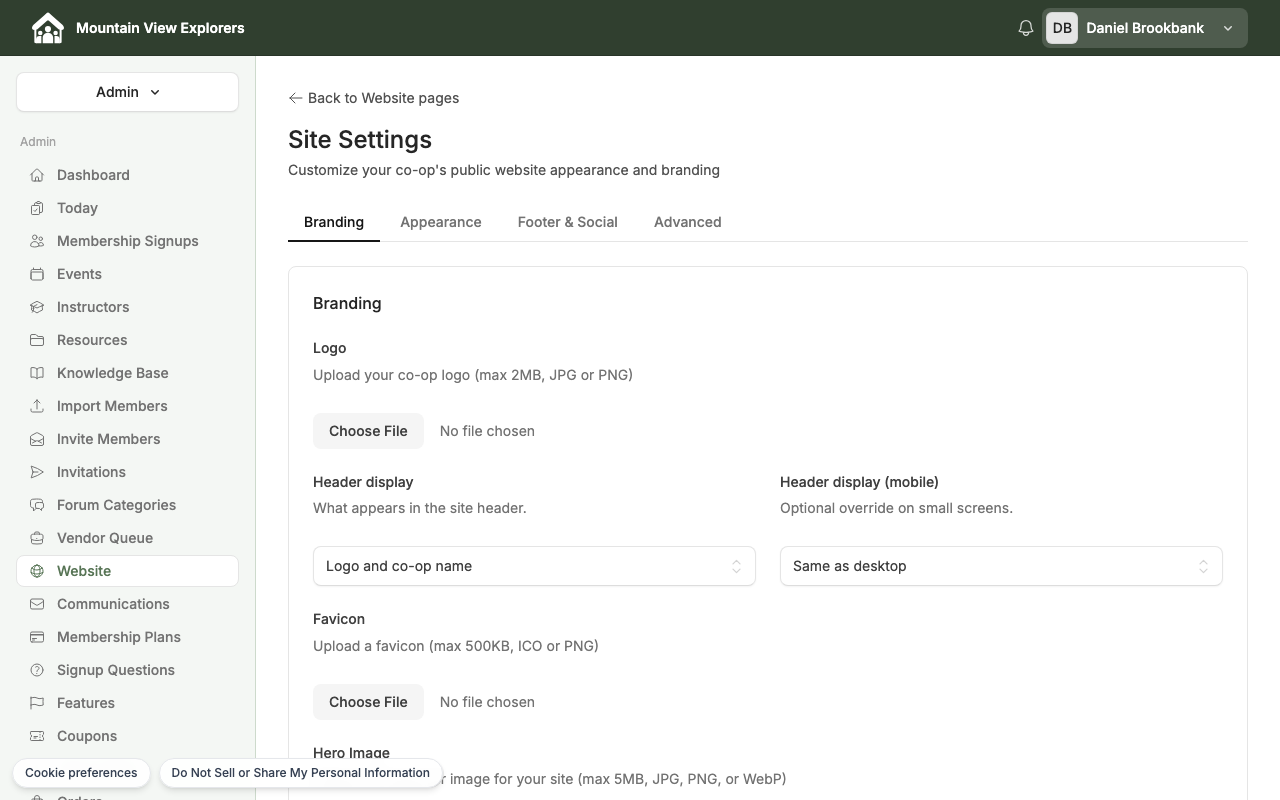 Site Settings — Branding tab, desktop view