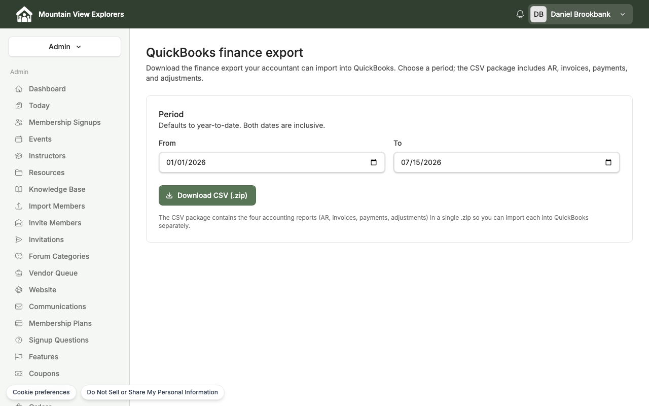 The QuickBooks finance export page showing date range pickers and a Download CSV button