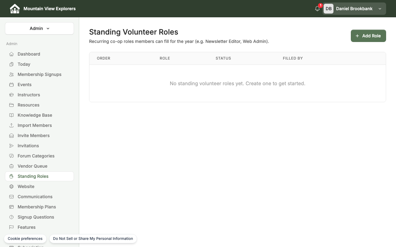 Standing Volunteer Roles — admin management page