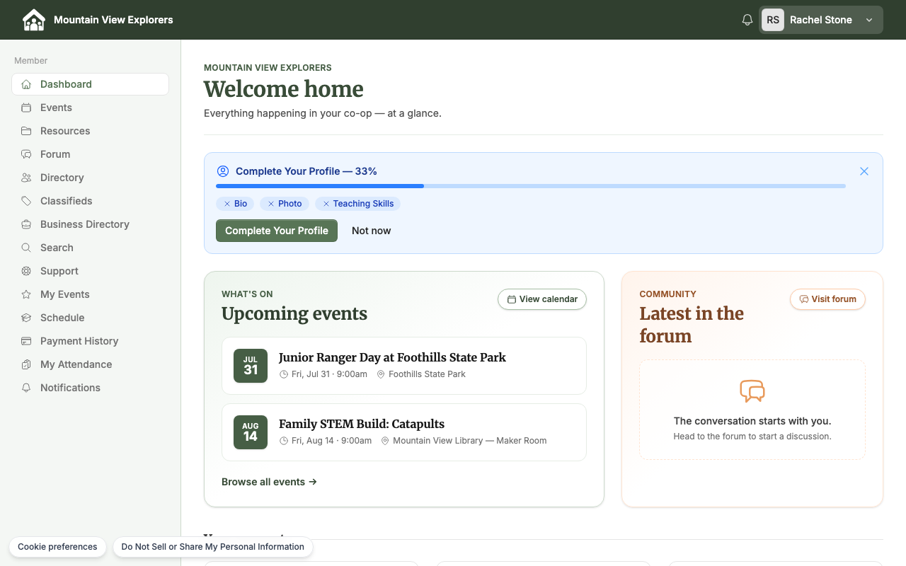 Member dashboard with Standing Volunteer Roles card