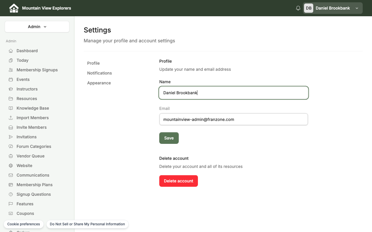 Account settings page