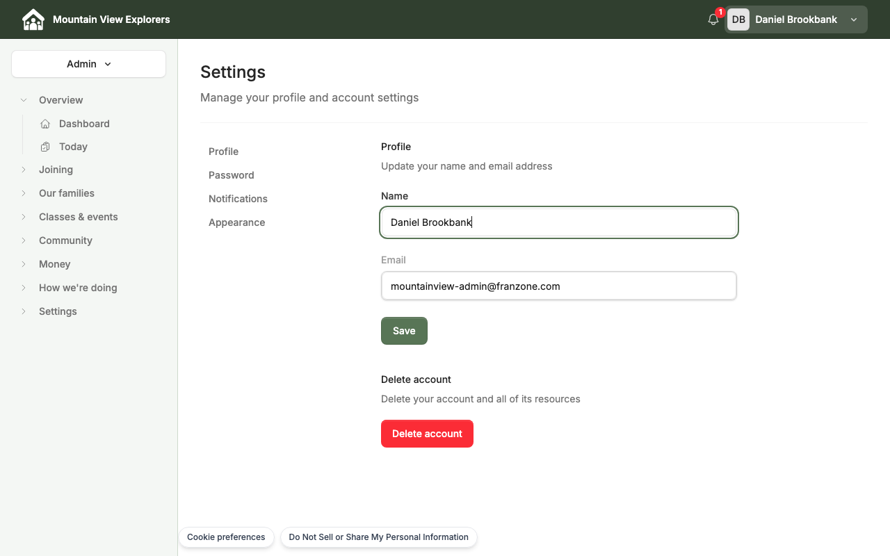 Account settings page