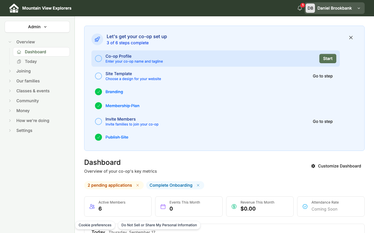 CooplyHQ admin dashboard showing the co-op setup checklist