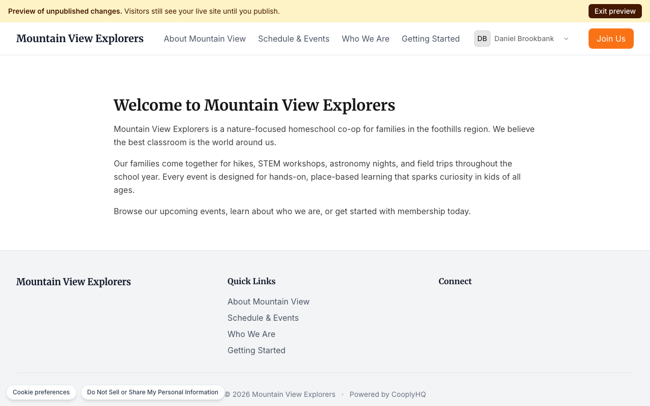 Preview of unpublished changes banner over the live site