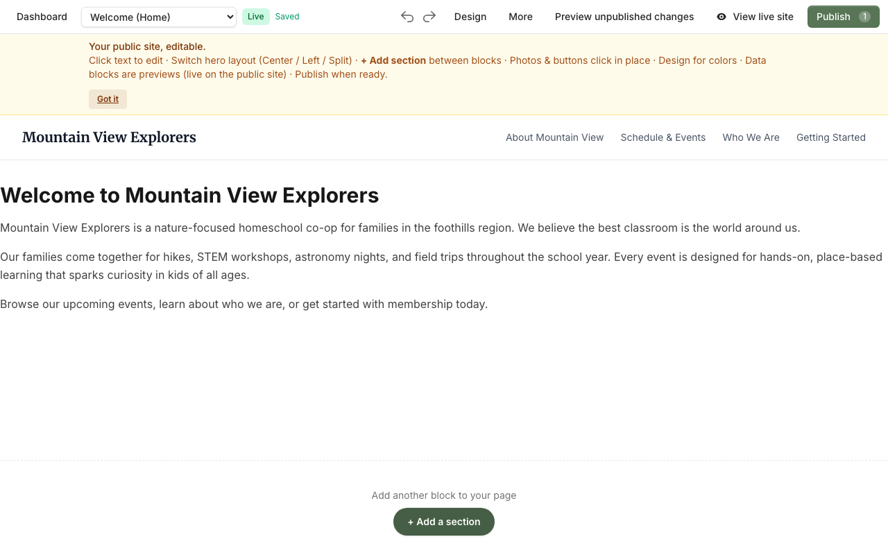 Canvas editor showing the homepage with inline editing hints and an Add a section button