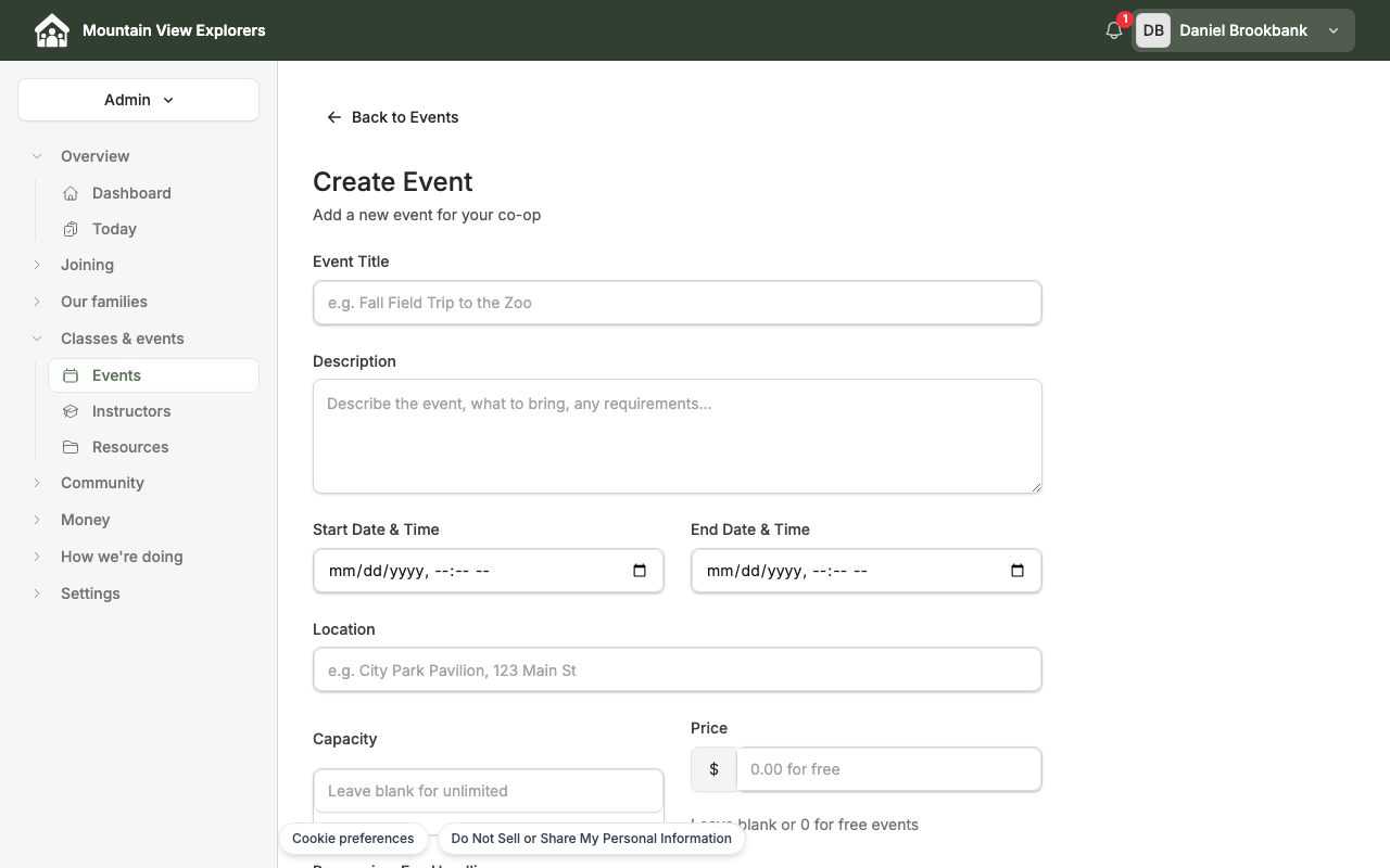 Event creation form
